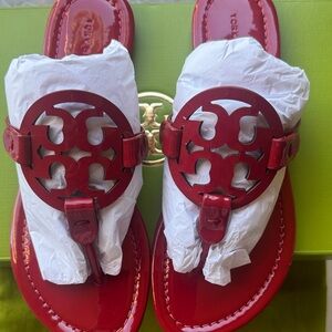 Tory Burch Red Patent Miller Sandals with Logo Medallions